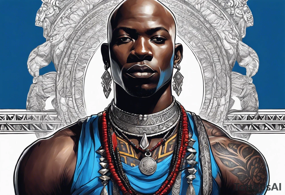 Black-skinned bald african warrior. He wears a simple and small silver crown. He uses blue and red necklaces tattoo idea