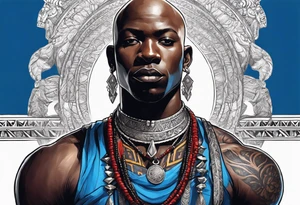 Black-skinned bald african warrior. He wears a simple and small silver crown. He uses blue and red necklaces tattoo idea