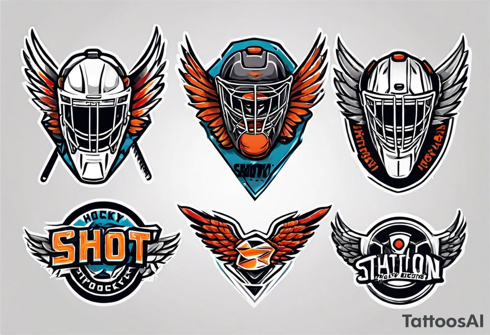 hockey puck with wings and a goalie mask that says "SHOT HOCKEY" tattoo idea