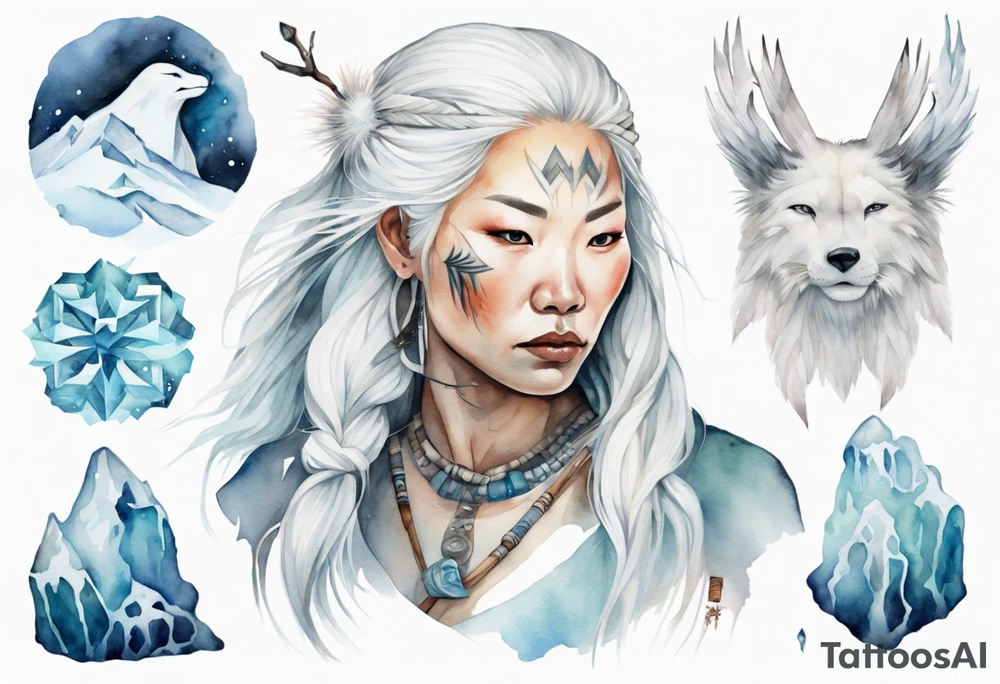 a watercolor of an Inuit woman with long white hair with a white wand in her left hand, surrounded by ice tattoo idea