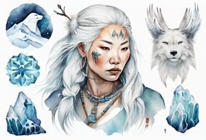 a watercolor of an Inuit woman with long white hair with a white wand in her left hand, surrounded by ice tattoo idea