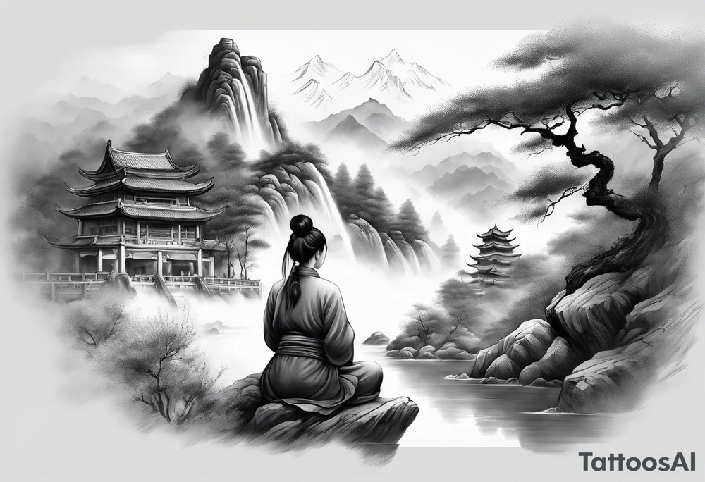 forearm sleeve traditional chinese art painting style autumn mountains mist fog water Chinese temple female with pony tail wearing robes seated meditating in the background tattoo idea