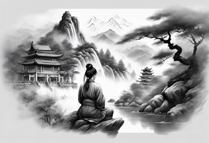 forearm sleeve traditional chinese art painting style autumn mountains mist fog water Chinese temple female with pony tail wearing robes seated meditating in the background tattoo idea