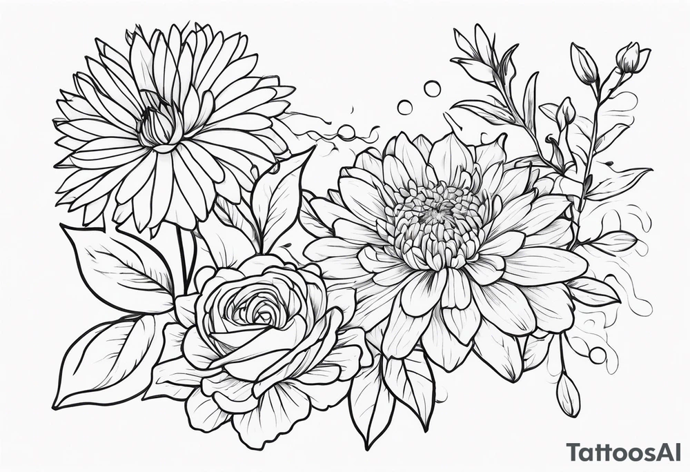 Asters, roses, lily, and chrysanthemums in a stretched line tattoo idea