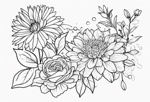 Asters, roses, lily, and chrysanthemums in a stretched line tattoo idea