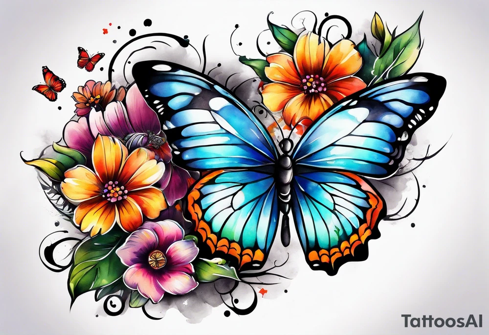 Sleeve with butterflies and colorful flowers tattoo idea