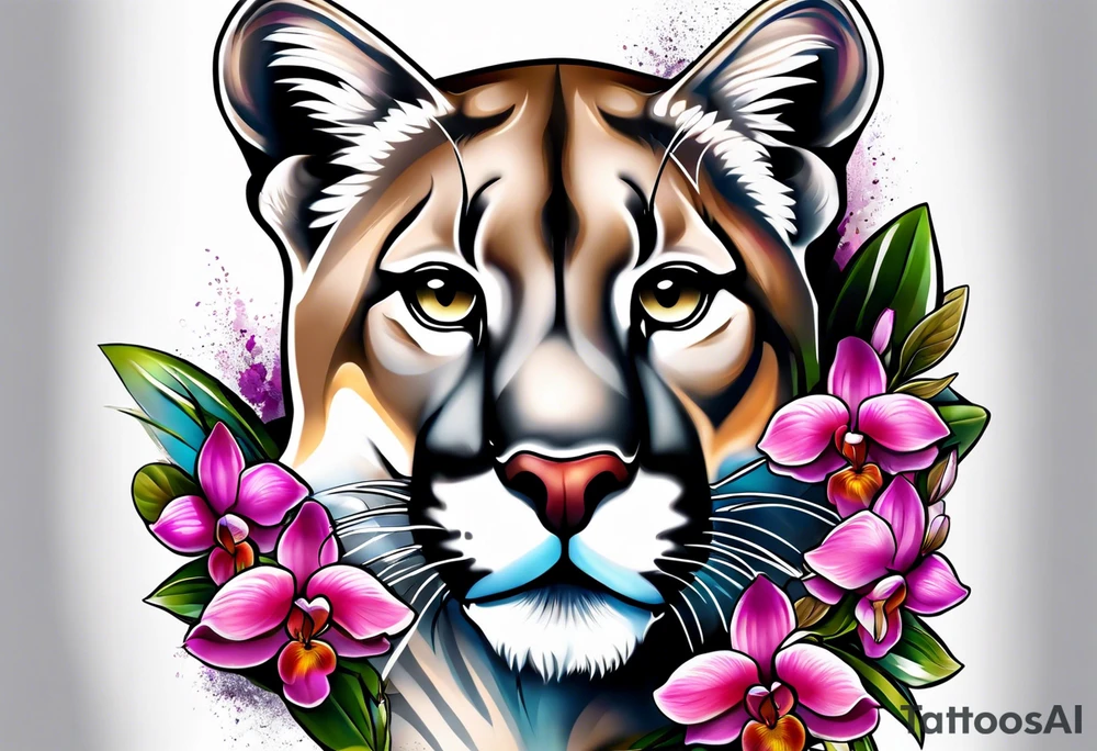 Mountain lion with orchids tattoo idea