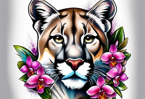 Mountain lion with orchids tattoo idea