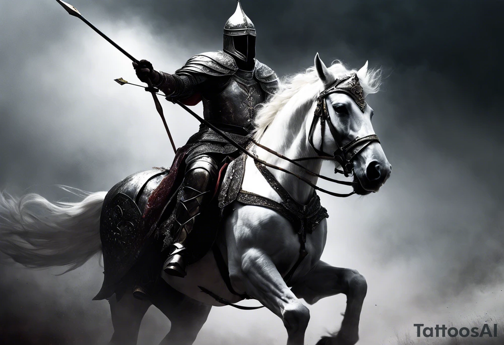 Dark art of the first horseman of the apocalypse. Wearing iron armor with a crown-shaped helmet, carrying a bow and arrows in one hand, he rides a white horse that is strong and slender, wearing shiny ornaments on his face. It is not possible to see the horseman's face, which is obscured by the darkness and fog in the image. It is important that the horseman is facing the image. tattoo idea