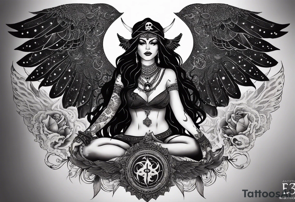 black kali, goddess pirate, alien, angel, pachamama, valkrye, warrior, flying, skull, lotus azul, wing, eagle, zenza resonance, stars, 5D, anahata chakra, death, durga, riding on a tiger, flying lady, chest tatoo tattoo idea