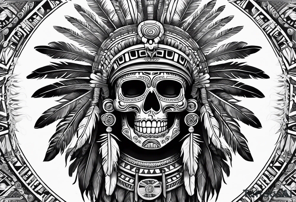 aztec god of death Mictlantecuhtli with long feathers around his head and skull as a head tattoo idea