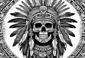 aztec god of death Mictlantecuhtli with long feathers around his head and skull as a head tattoo idea