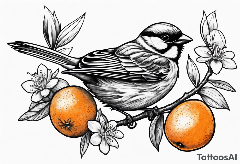 sparrow flying off of branch with orange blossoms tattoo idea