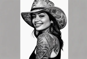 Chicano style woman smiling street photorealism arm sleeve tattoo idea