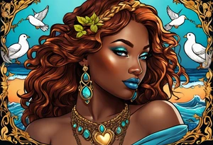 Black skin Aphrodite with auburn hair and ocean-blue eyes with a golden heart necklace surrounded with doves and poison ivy tattoo idea