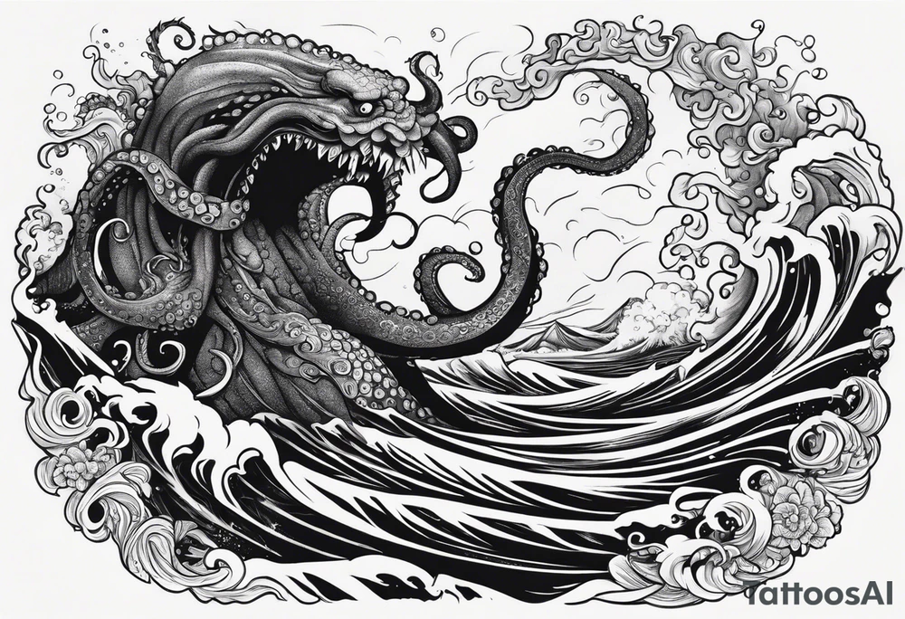 A vicious octopus monster underwater ensnaring the Greek god Poseidon as he thrust his trident into the beast. Turbulent storm with lightning & waves crashing tattoo idea