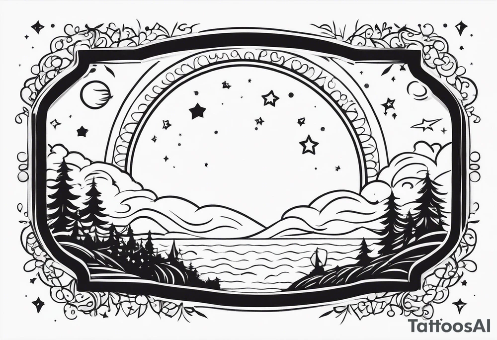 circle vignette frame surrounded by stars clouds simple tattoo idea