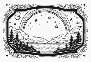 circle vignette frame surrounded by stars clouds simple tattoo idea