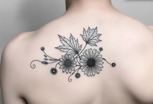 Arm decorated with Maple leaves and gerbera daisies connected with thin swirly lines tattoo idea