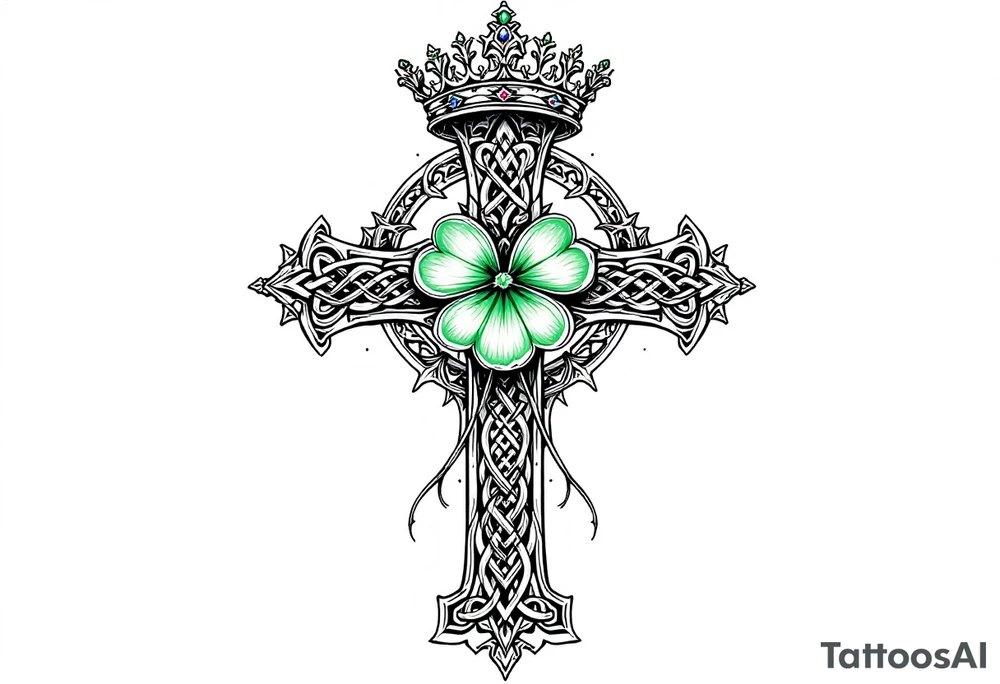 Celtic cross tattoo featuring intricate knotwork patterns along the arms and base of the cross. At the heart of the cross, place a vibrant four-leaf clover, its leaves shaded with subtle gradients of green, symbolizing luck and unity. Above the cross, incorporate a regal crown adorned with ornate details, such as small gemstones or filigree, to signify authority and strength. Behind the cross include a lot of filigree and celtic knots giving a tree of life vibe tattoo idea
