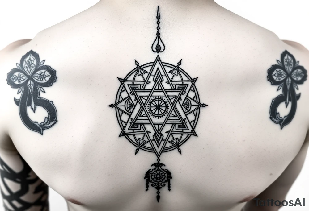 wide sacred geometry throat tattoo with several symbols combined tattoo idea