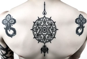 wide sacred geometry throat tattoo with several symbols combined tattoo idea