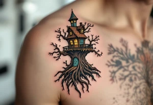 Tim Burton’s gothic treehouse perches awkwardly on twisted roots, shaded in brown, charcoal, and faded teal. tattoo idea