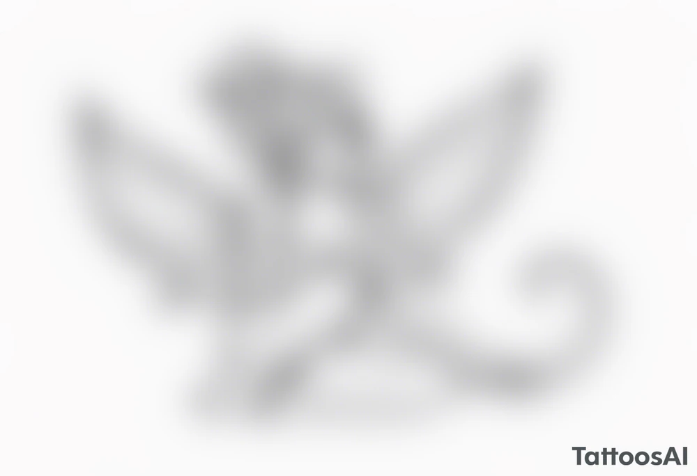 A fairy with a tail inspired by the logo of the show called Fairy Tail in a fetal position leaning in tattoo idea