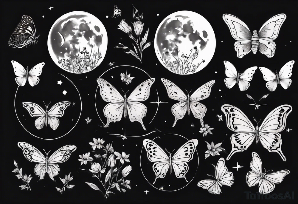 Butterflies and flowers in a moon tattoo idea