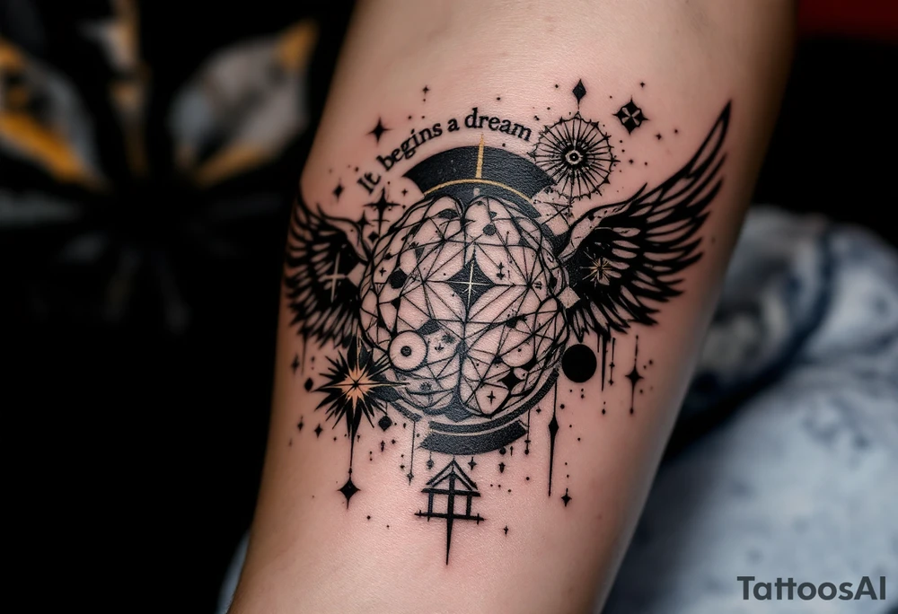 Tattoo inspired in the creativity of a gifted brain, with few watercolor details but mostly black, symbols flying arround, the phrase "It begins with a dream", and wings behind tattoo idea