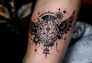 Tattoo inspired in the creativity of a gifted brain, with few watercolor details but mostly black, symbols flying arround, the phrase "It begins with a dream", and wings behind tattoo idea