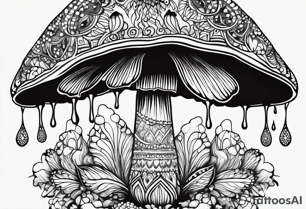Large Shaggy cap mushroom dripping ink off cap with 4 smaller mushrooms around it mandala henna black tattoo design tattoo idea