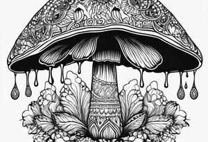 Large Shaggy cap mushroom dripping ink off cap with 4 smaller mushrooms around it mandala henna black tattoo design tattoo idea