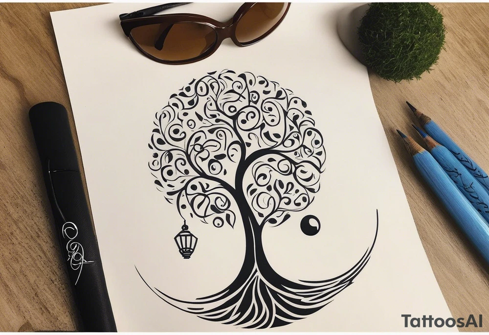A tattoo design that incorporates the following elements: an abstract tree of life that has roots emerging  from the ground. Waves of water wrap around the tree in a non symmetrical design.  Incorporate musical notes into the tree. the letters U and A are overlapping and engraved into the tree. incorporate a golf ball or golf course symbols like a flag but not prominent. tattoo idea