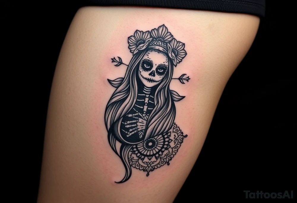 La Catrina in Chicano style on the thigh connected with a mandala on the knee tattoo idea