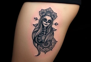 La Catrina in Chicano style on the thigh connected with a mandala on the knee tattoo idea