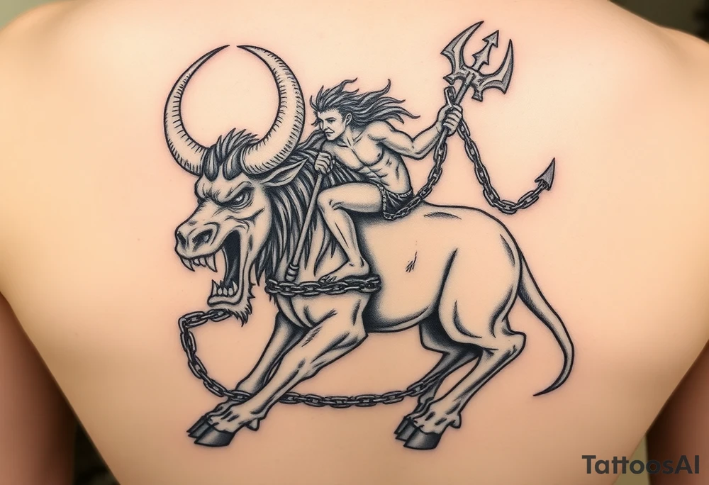 A minotaur with over sized teeth and a crazy guy on the back riding the Minotaur holding to the devils trident in 1 hand and the other hand holding a chain that’s around the beastn eck hanging on as if his life dependent on it tattoo idea