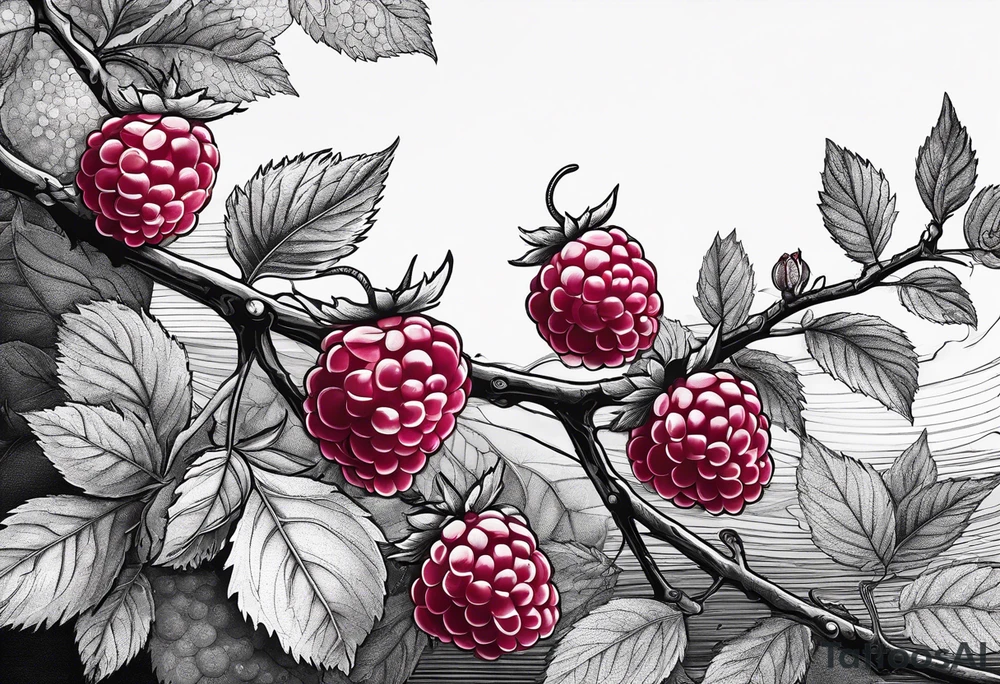 a long raspberry branch that focuses on line work. Includes a small signature in the branch that says "Popkin" tattoo idea
