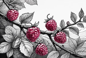a long raspberry branch that focuses on line work. Includes a small signature in the branch that says "Popkin" tattoo idea