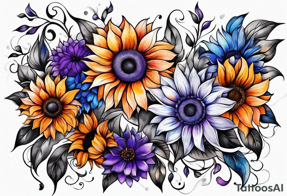 Full arm sleeve with purple, orange and blue sunflowers tattoo idea