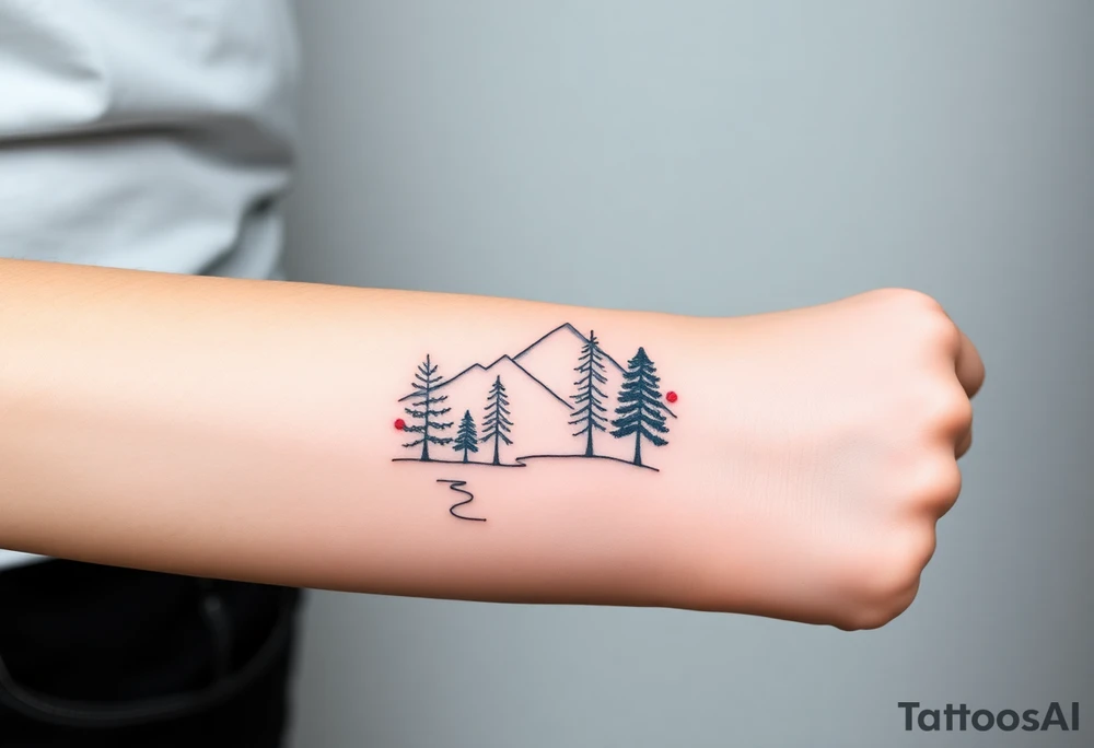 Lower forearm, trees with mountains in background, leaves on the trees are pink, purple, teal, red tattoo idea
