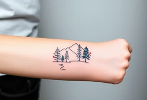 Lower forearm, trees with mountains in background, leaves on the trees are pink, purple, teal, red tattoo idea