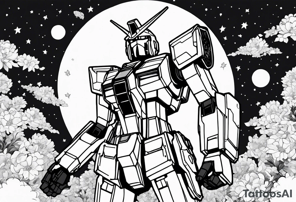 gundam, flying over moon, falling flowers, line art tattoo idea
