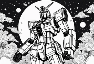 gundam, flying over moon, falling flowers, line art tattoo idea
