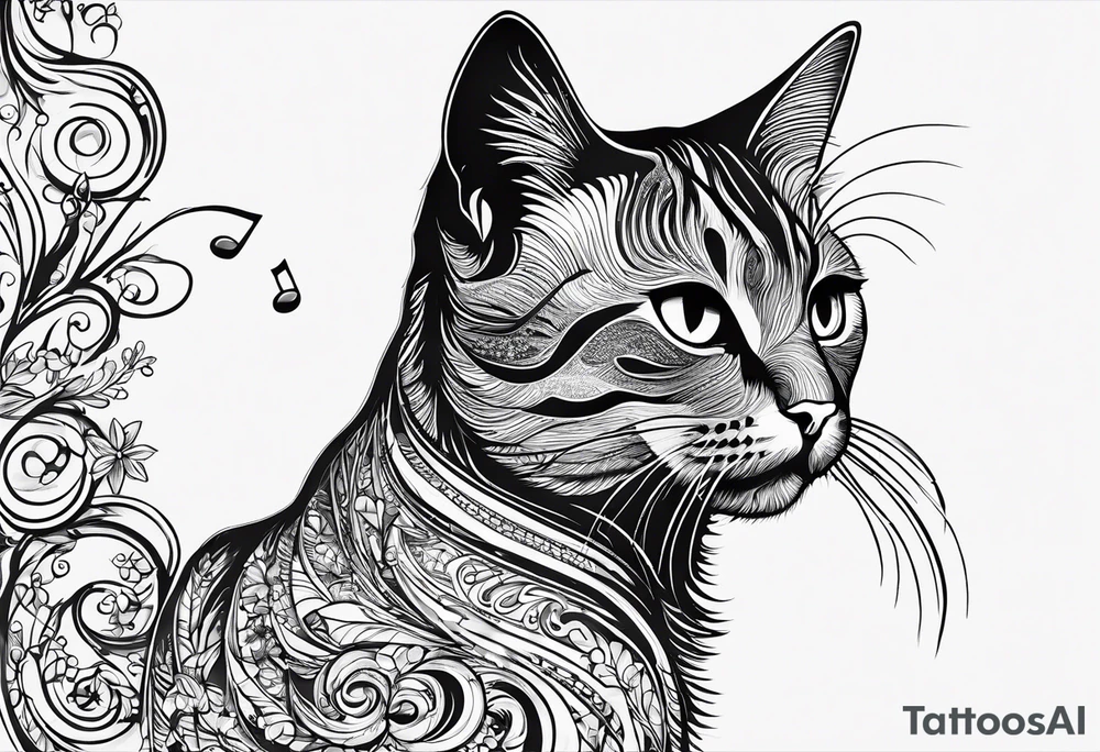 Small Outline of cat reaching to a music note tattoo idea