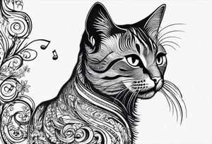 Small Outline of cat reaching to a music note tattoo idea
