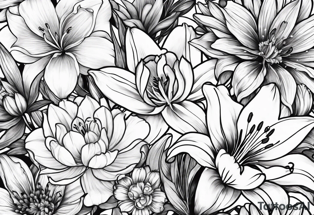lily, marigold, tulip, cosmo, and aster tattoo idea