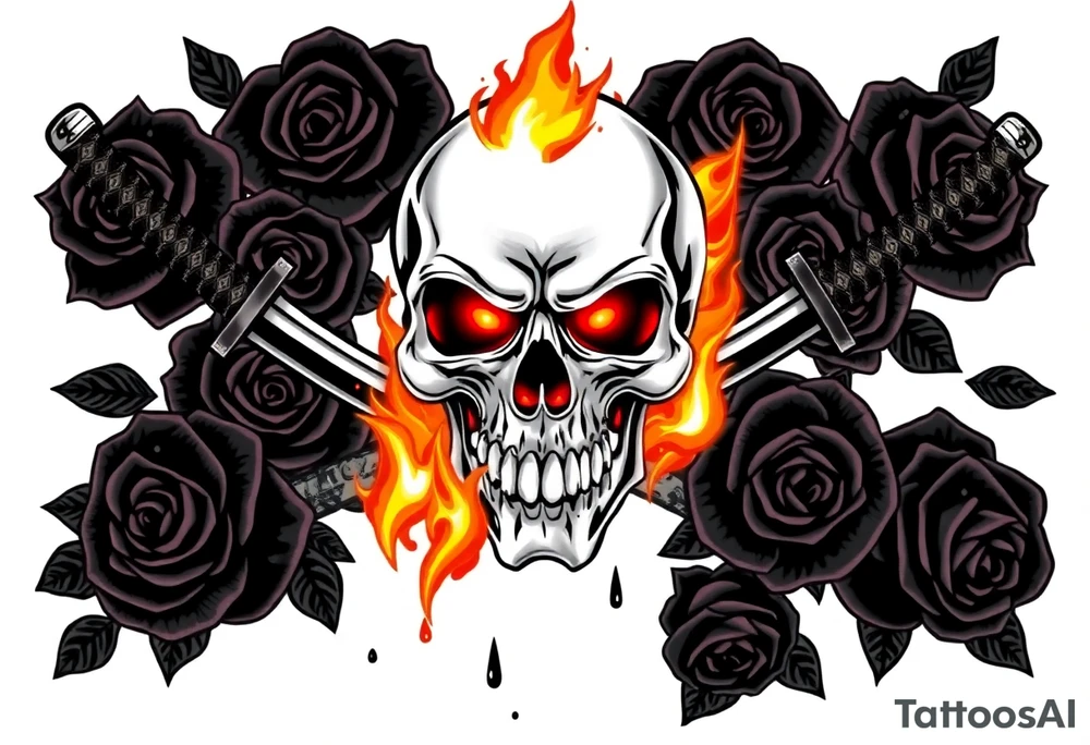 A skull burning intensely, katanas crossed, surrounded by falling dark roses. tattoo idea