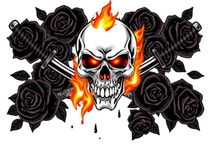 A skull burning intensely, katanas crossed, surrounded by falling dark roses. tattoo idea