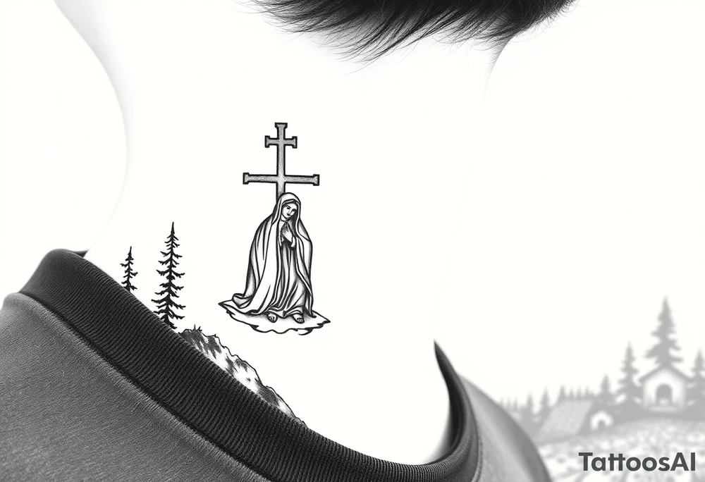 russian design traditional christian orthodox cross with a virgin mary stood beside the entrance of a russian orthodox dome church on the side of the neck in a wilderness setting tattoo idea